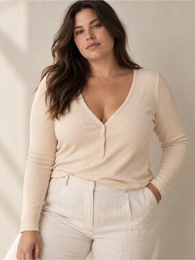 J.Crew Factory Long-Sleeve Button Henley Ribbed Top Caribbean Sand 2X NWT